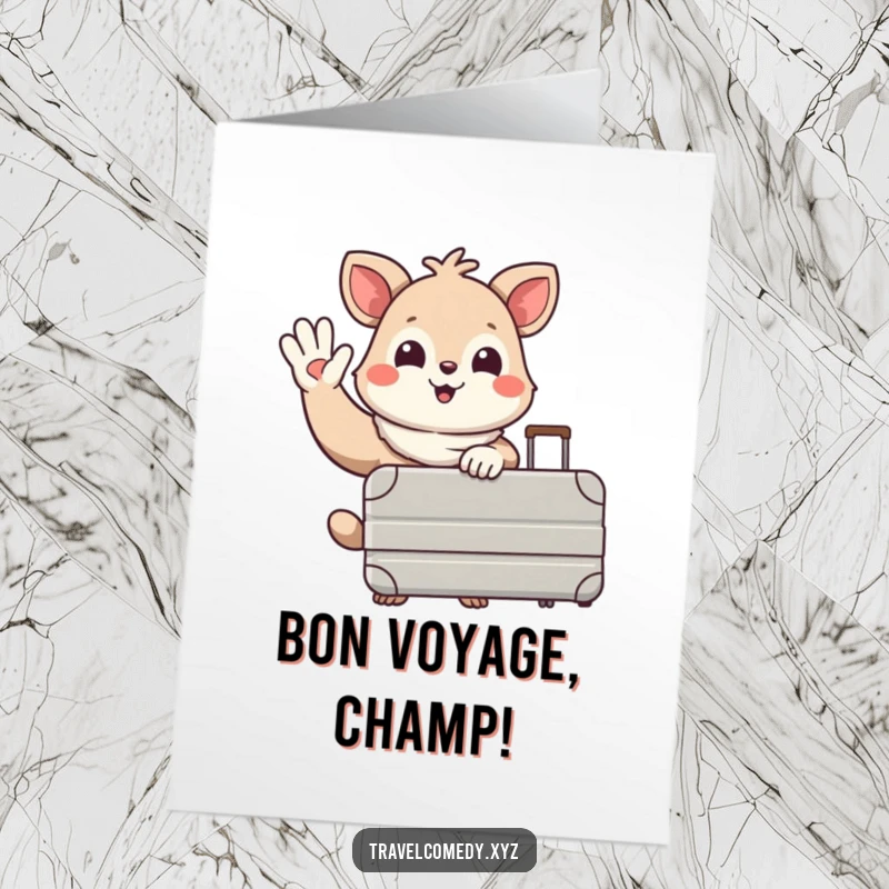 Funny Free Printable Congrats Card: An animal with a suitcase waves goodbye, celebrating a new chapter with a smile.
