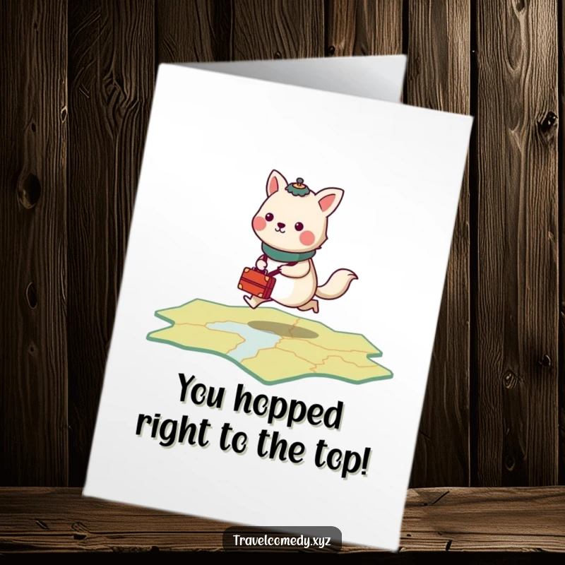 Funny free printable congratulations card: stylized animal with tiny luggage, hopping energetically across map, journey greeting