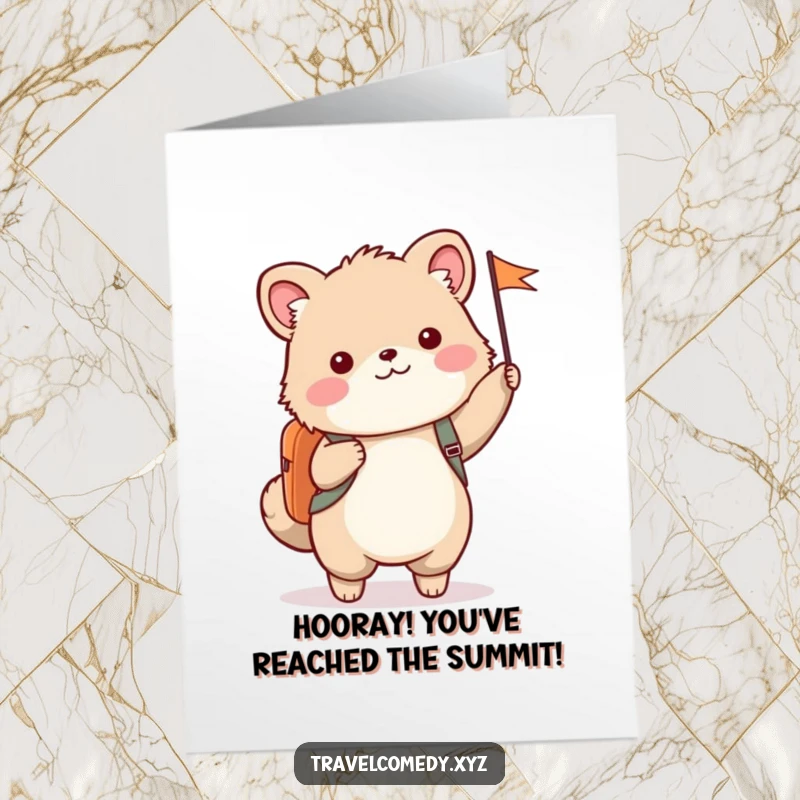 Funny free printable congratulations card: happy furry animal with backpack, waving a small flag, cheering greeting