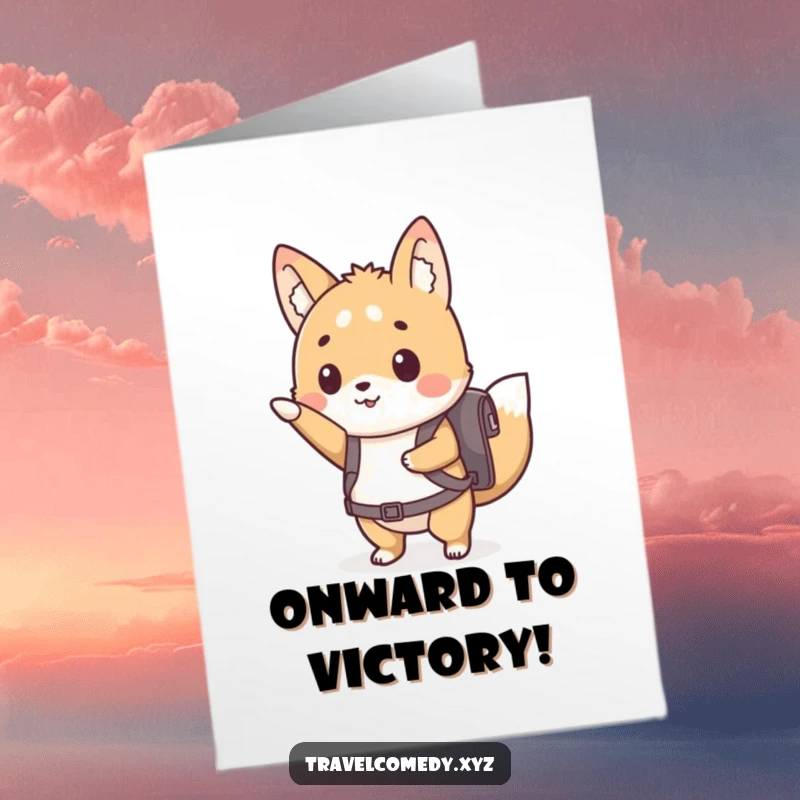 Funny free printable congratulations card: A cute animal with a backpack points forward, symbolizing a new successful direction.