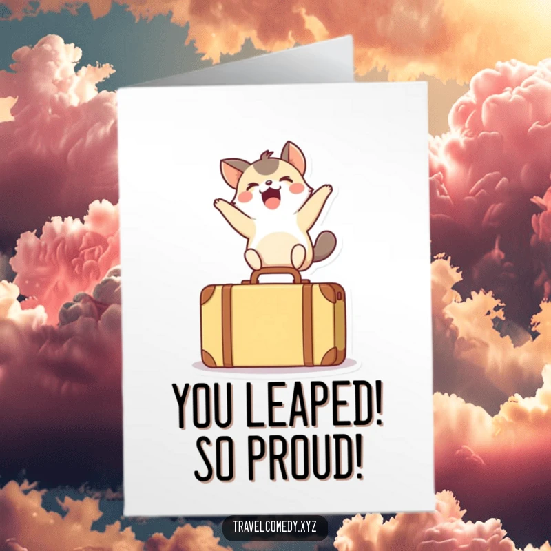 Funny Free Printable Congratulations Card: Excited animal mid-leap over a small suitcase, celebrating great news.