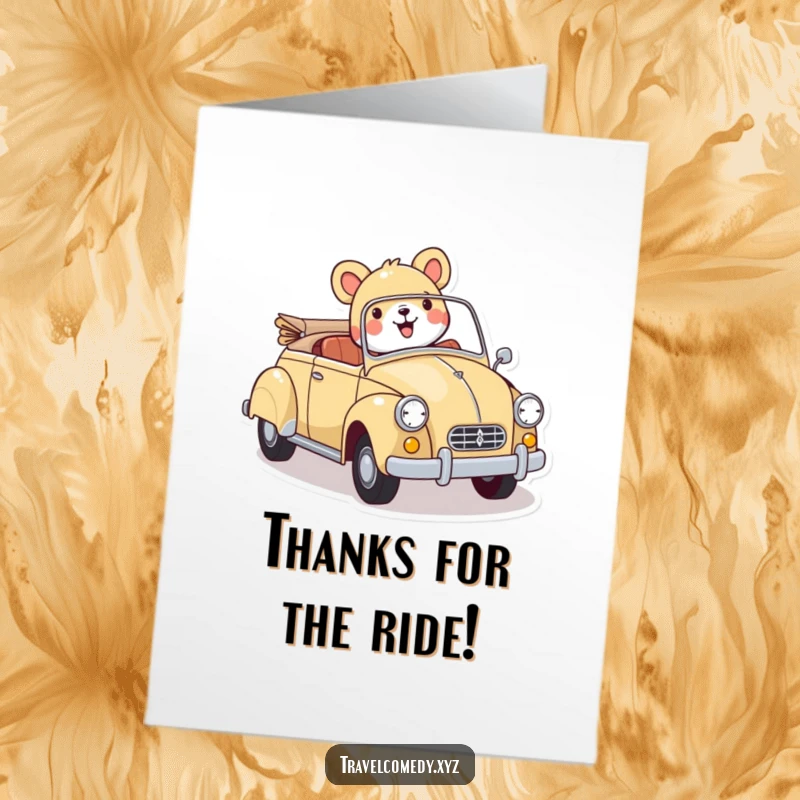 Funny Free Printable Thank You Card: A happy animal enjoys a scenic drive in a colorful vintage car, expressing thanks.