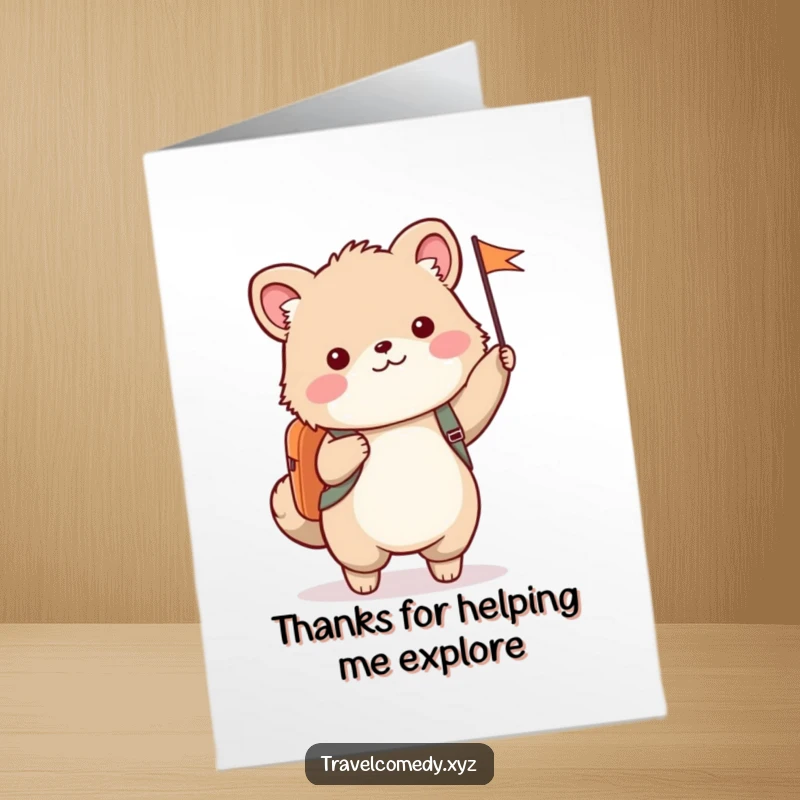 Funny free printable thank you card: cute furry animal with a backpack, waving a small flag, thankful greeting