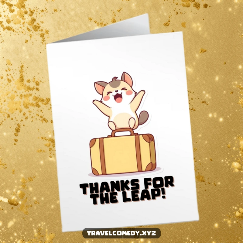 Funny Free Printable Thank You Card: An excited animal leaps joyfully over a tiny suitcase, expressing thanks.