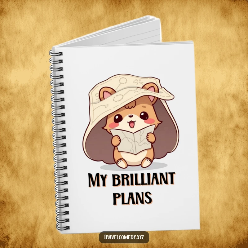 Funny notebook cover with a playful animal character and an unfurled map, humorously trying to read it upside down.