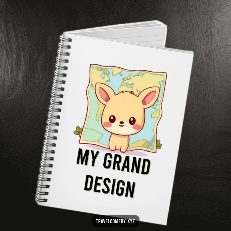 Funny notebook: happy animal character gazing at a giant stylized map, ideal for planning adventures and documenting discoveries.