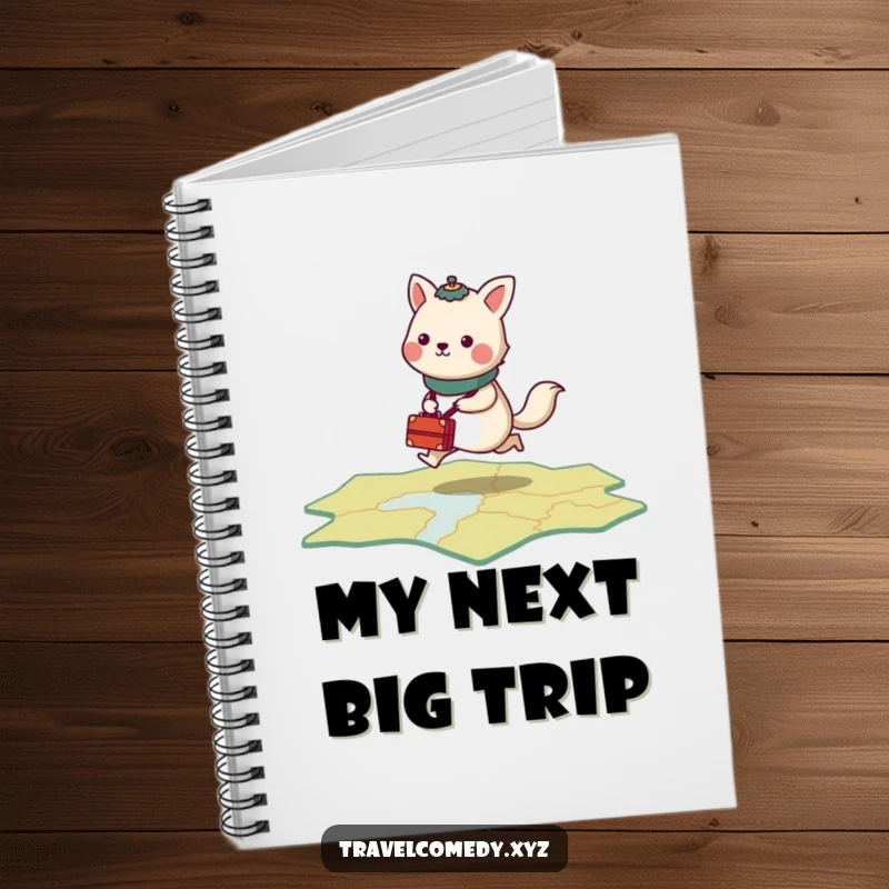Funny notebook cover with a stylized animal and tiny luggage, energetically hopping across a stylized map.