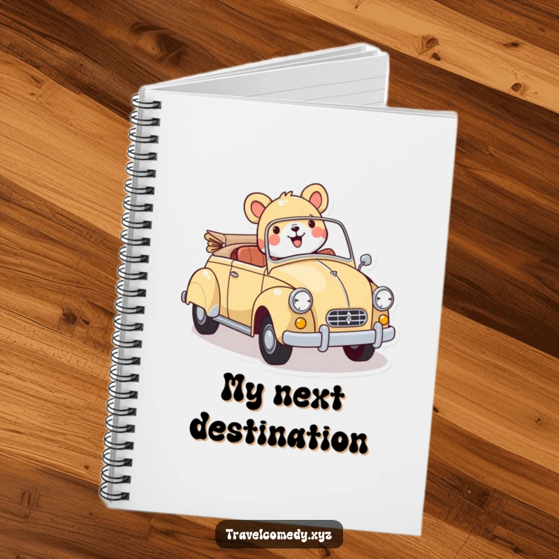 Funny notebook: a cheerful animal character joyfully driving a vibrant vintage car, ideal for capturing notes and creative ideas.
