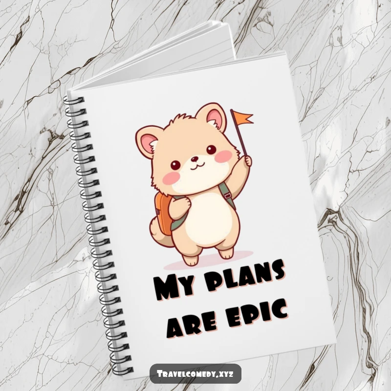 Funny notebook cover with a cute furry animal wearing a backpack and happily waving a small flag.