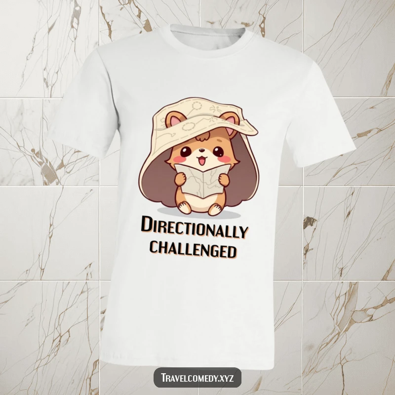 Funny t-shirt print of a playful animal character with a map unfurled, hilariously trying to read it upside down.