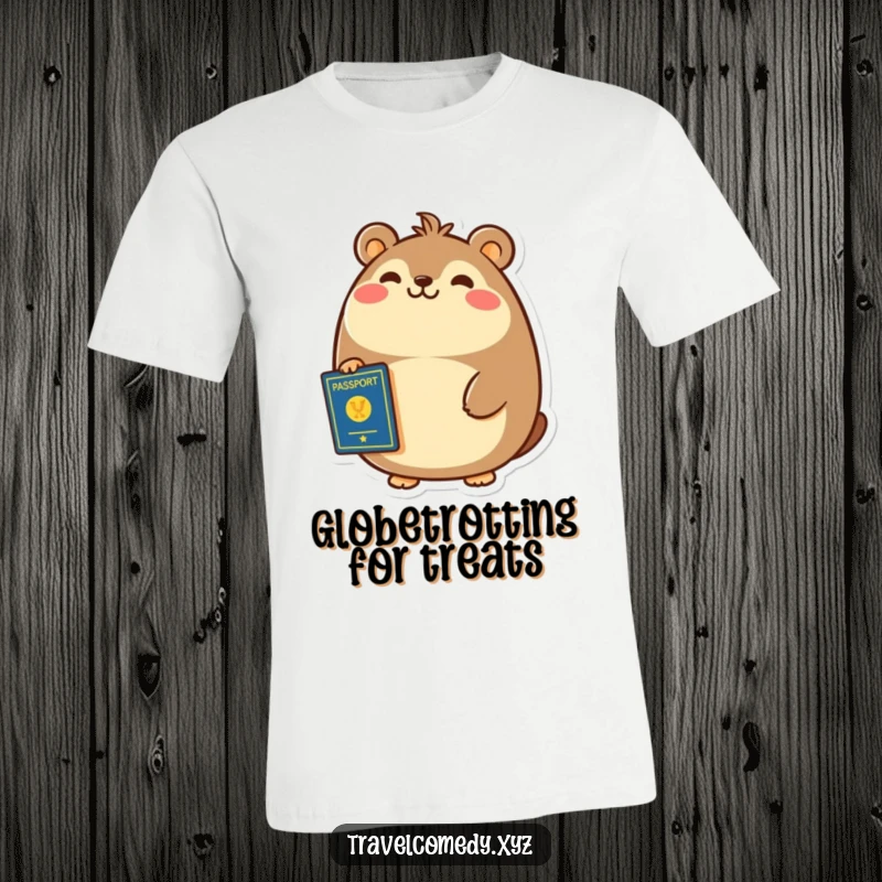 Funny t-shirt print of a cheerful, round animal smiling broadly, holding a passport ready for travel.