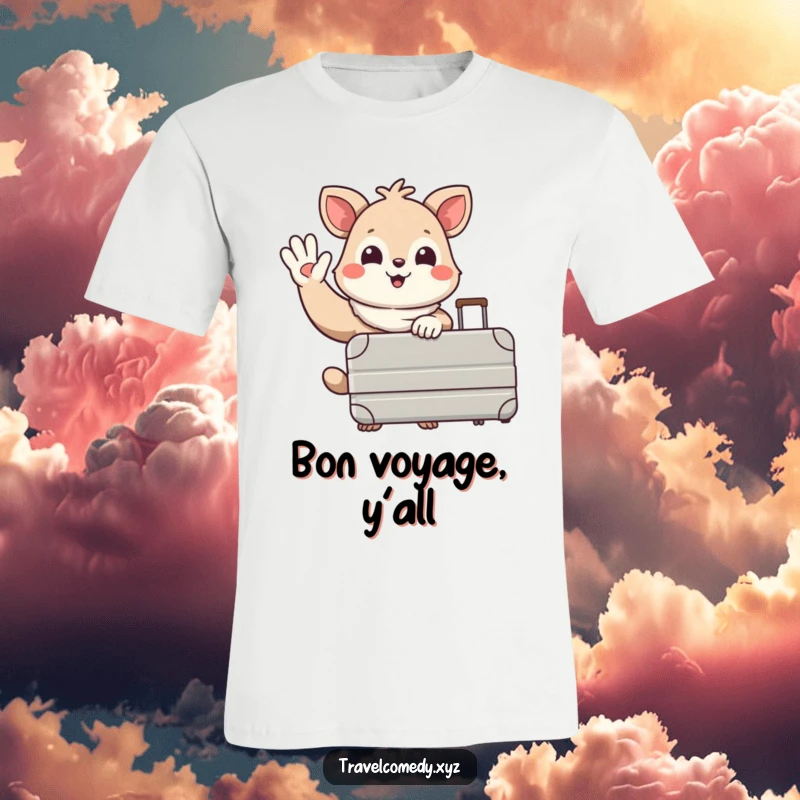 Funny t-shirt: happy animal character with a large suitcase, waving goodbye cheerfully, symbolizing excitement for new travels.