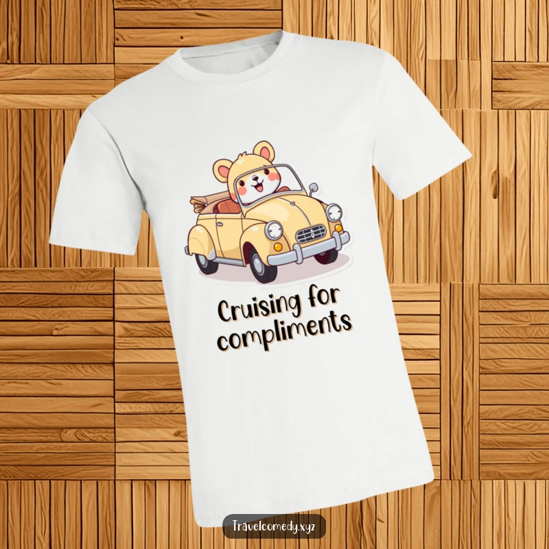 Funny t-shirt: cheerful animal character happily cruising in a colorful vintage car, expressing pure joy and a love for adventure.