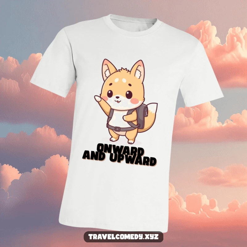 Funny t-shirt depicting a cute animal character with a tiny backpack, enthusiastically pointing forward, ready for a new journey.
