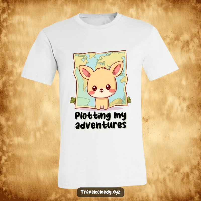 Funny t-shirt: happy animal character looking at a huge stylized map, conveying a sense of wonder and exploration.