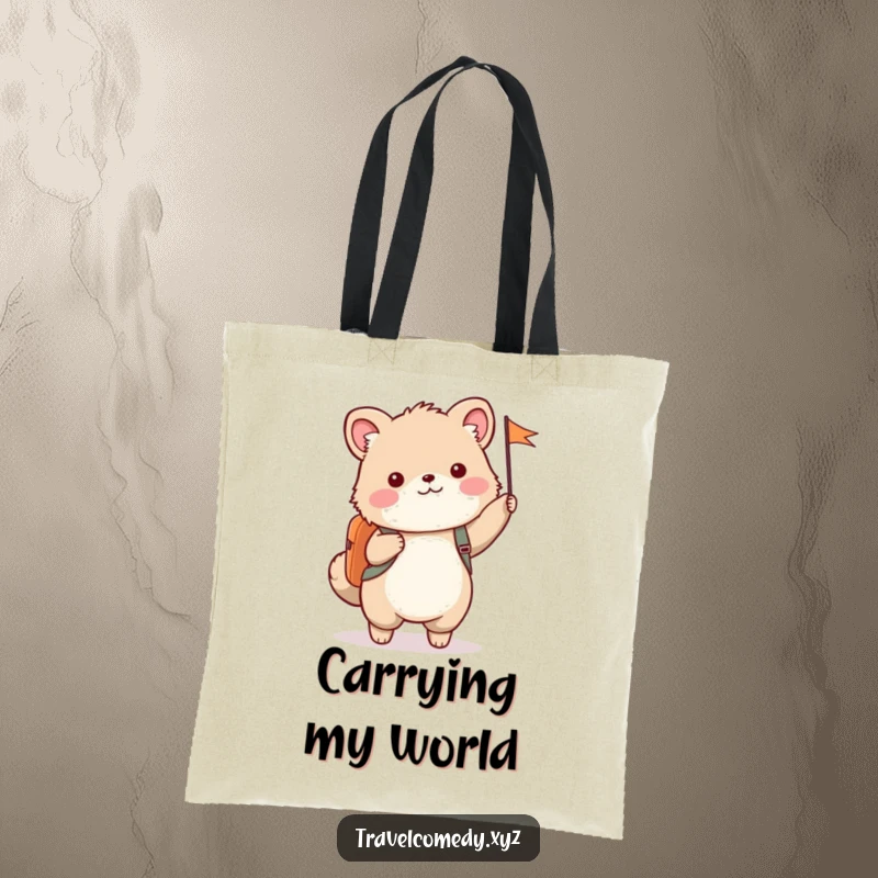 Funny tote bag print of a cute animal with a backpack, cheerfully waving a small flag.