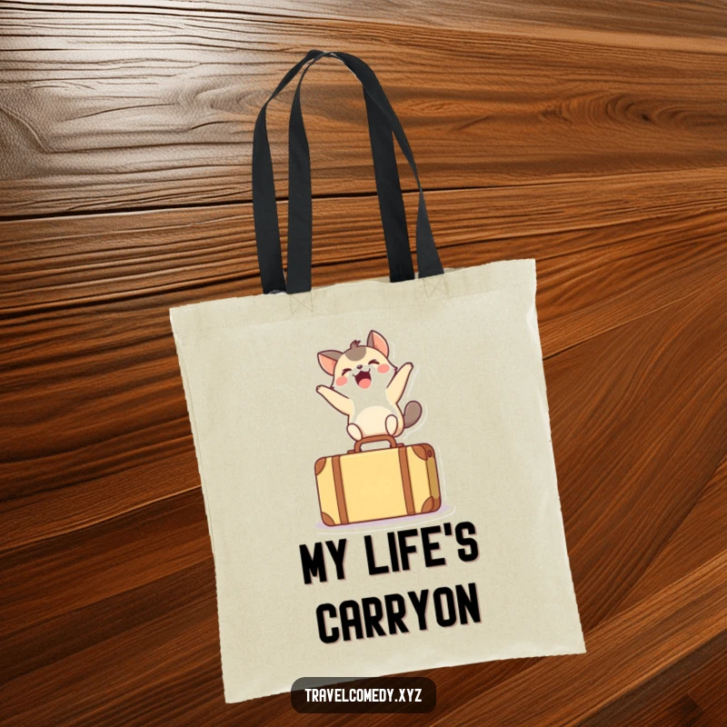 Funny tote bag depicting a small, enthusiastic animal overcoming a tiny suitcase with a jubilant leap, full of energy.