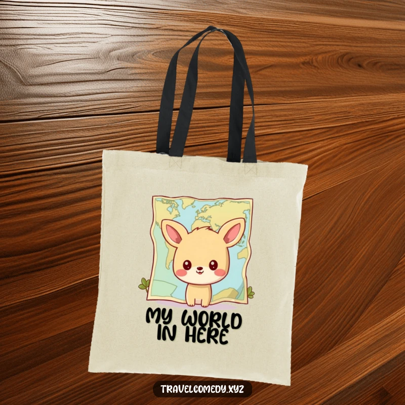 Funny tote bag: happy animal character gazing at a giant stylized map, ready for new discoveries and adventures.
