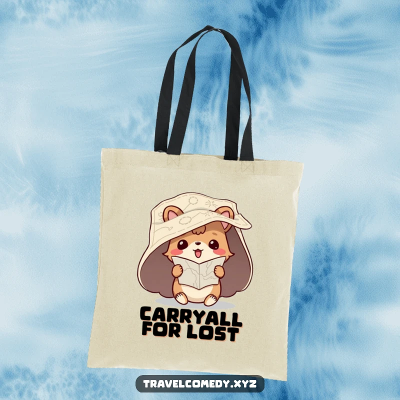 Funny tote bag print of a playful animal character with a map unfurled, hilariously trying to read it upside down.