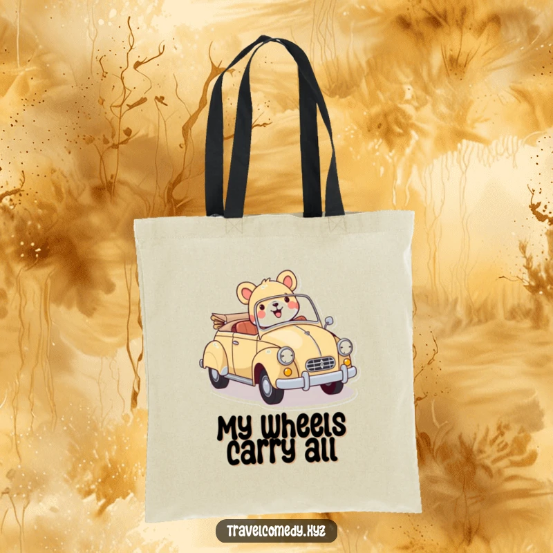 Funny tote bag: cheerful animal character enjoying a ride in a colorful vintage car, a perfect blend of retro and fun.